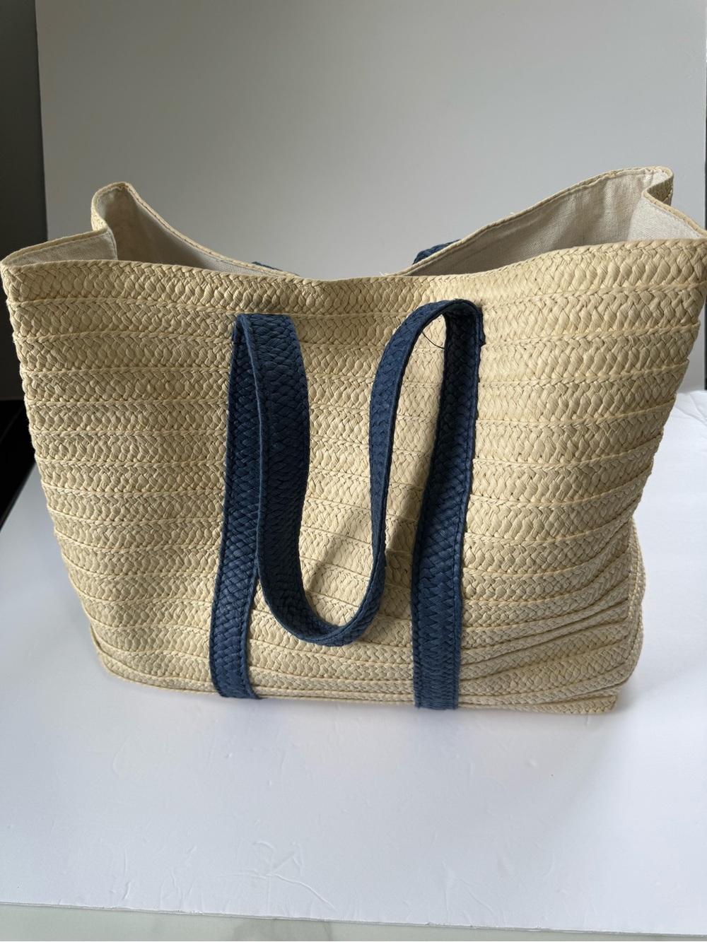 Mark & Graham Natural Straw Tote with Navy Blue Handles